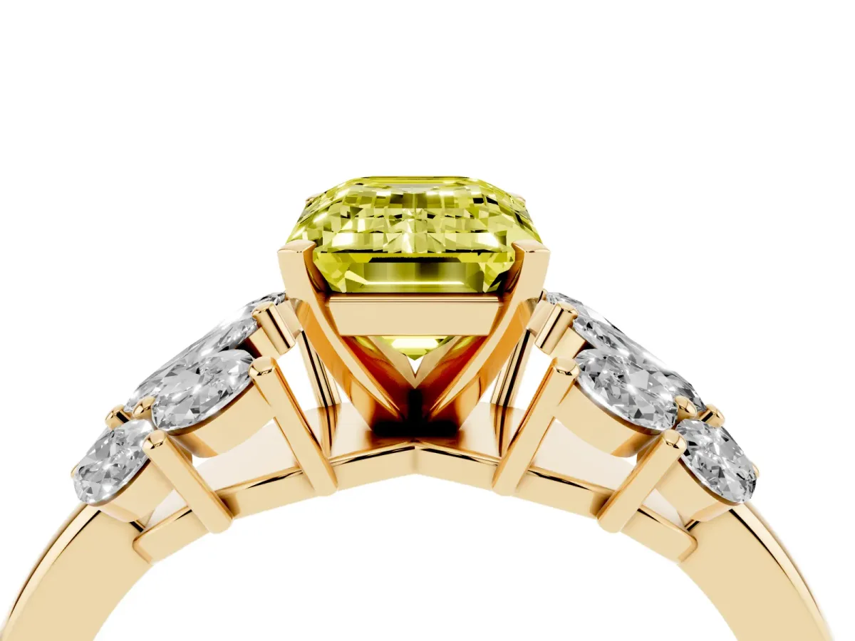 Fancy Yellow Emerald Cut Diamond Cluster Leaf Design Ring with Prong Setting Yellow gold
