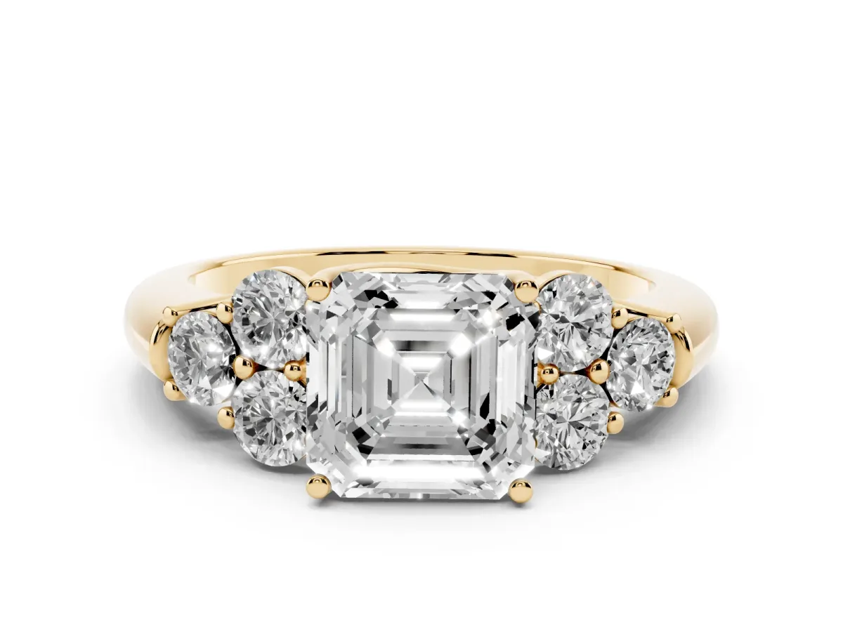 Asscher Cut Cut Diamond Cluster Ring with Round Accent Stones and Prong Setting on a Classic Band Yellow gold