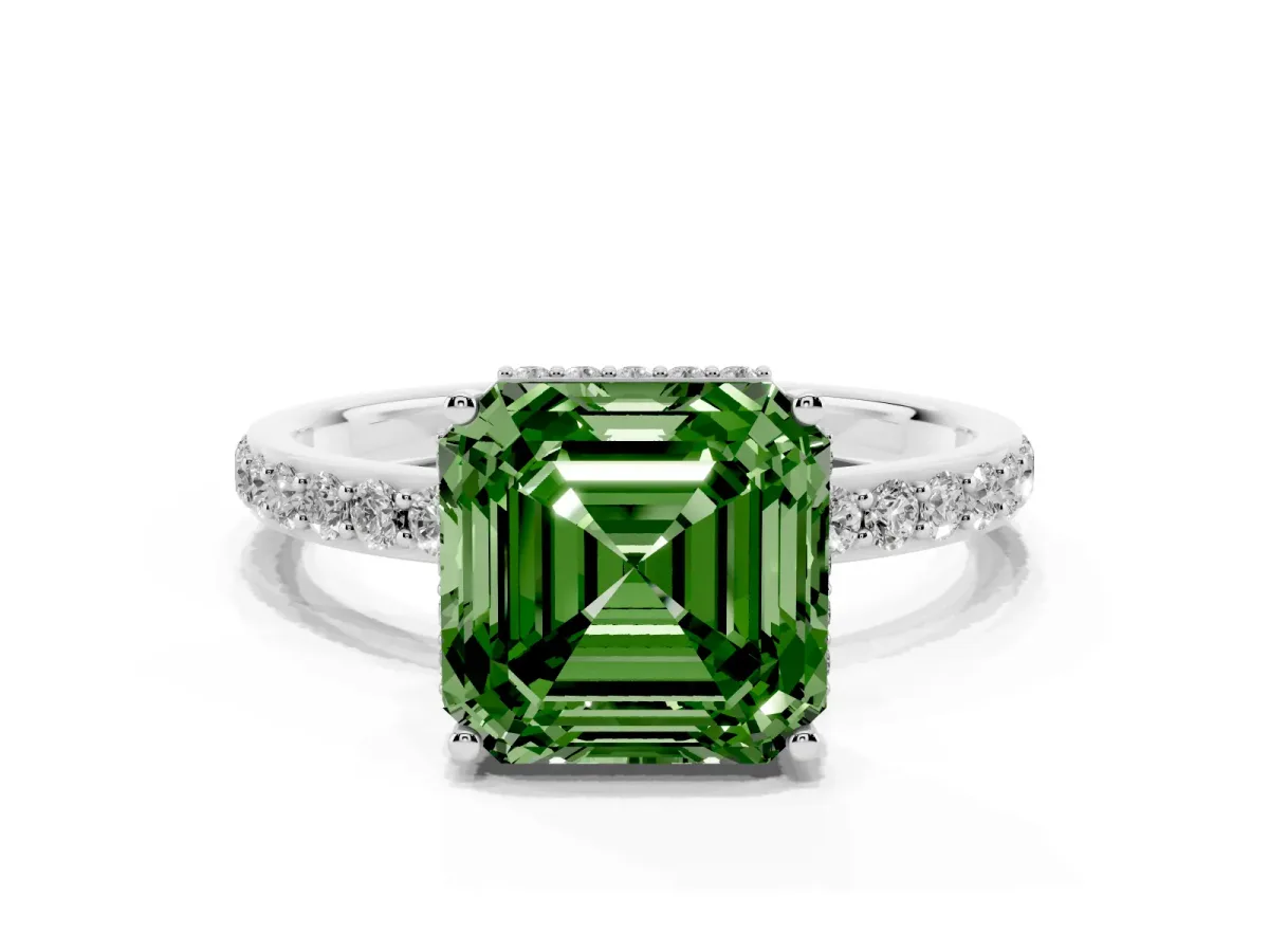 Fancy Green Asscher Cut Diamond Solitaire Ring with Pavé Band and Hidden Halo White gold