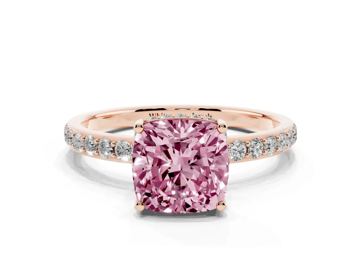 Fancy Pink Cushion Cut Diamond Solitaire Ring with Pavé Band and Hidden Halo Rose gold