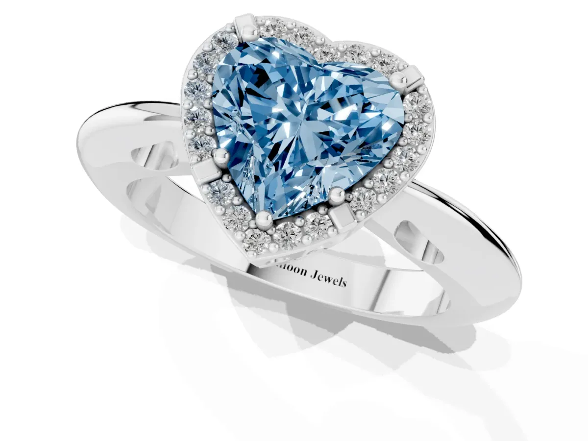 Fancy Blue Heart Cut Cut Diamond Halo Engagement Ring with Split Shank and Four-Prong Setting Silver