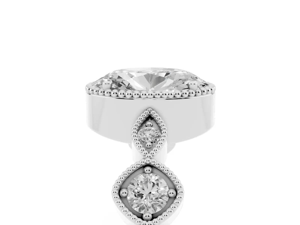 Oval Cut Diamond Vintage Milgrain Ring with Round Stations Silver