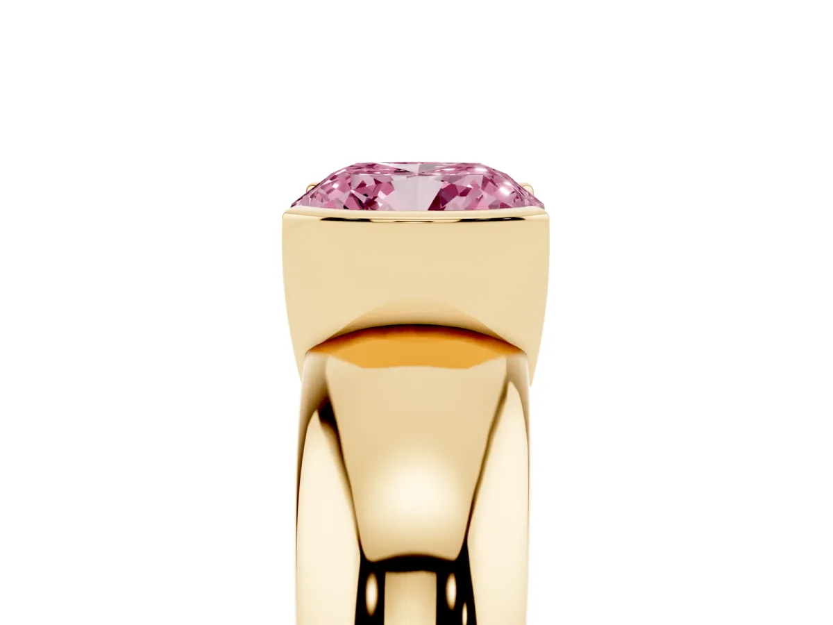 Fancy Pink Cushion Cut Solitaire Tension Set Diamond Ring with Wide Band Yellow gold