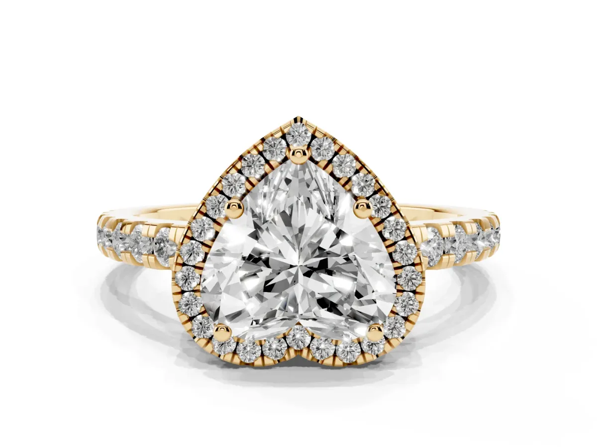 Heart Cut Diamond Halo Ring with Pavé Band and Four-Prong Setting Yellow gold