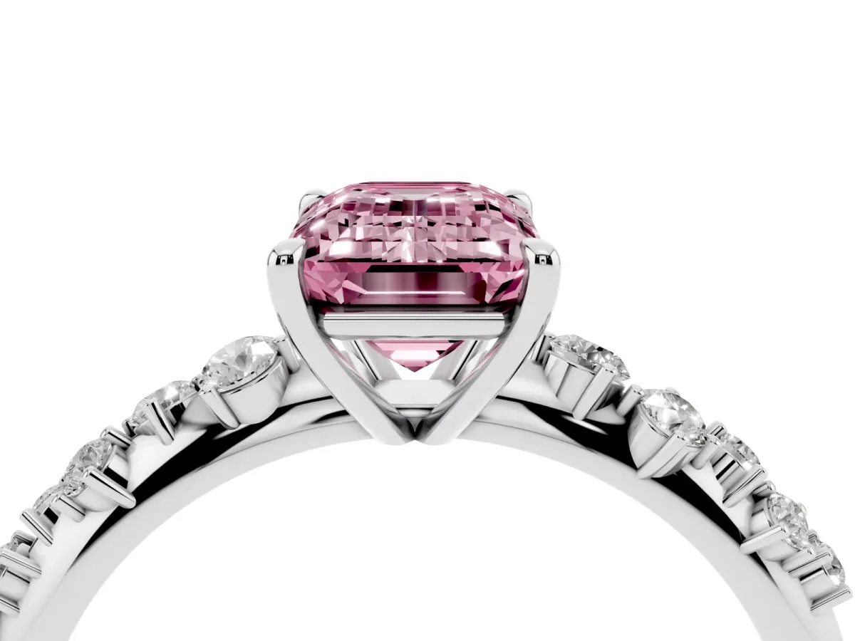 Fancy Pink Emerald Cut Diamond Cluster Side Stone Solitaire Ring with Prong Setting Silver