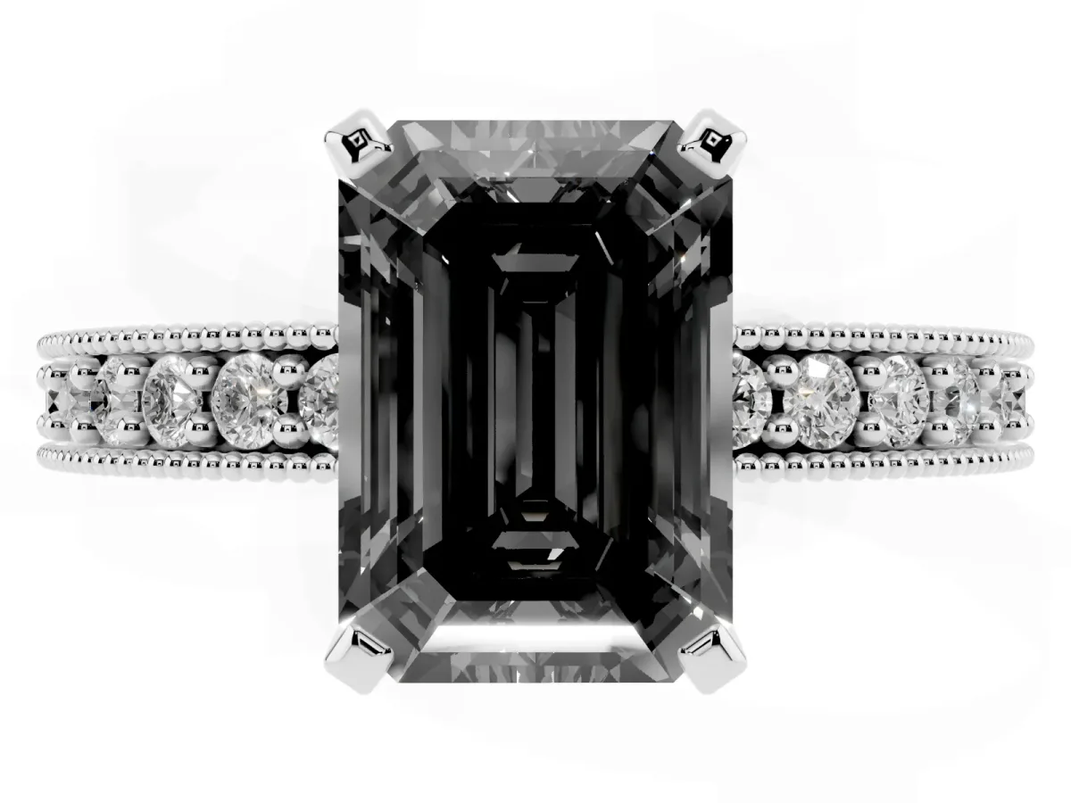 Fancy Black Emerald Cut Diamond Milgrain Pavé Engagement Ring with Four-Prong Setting Silver