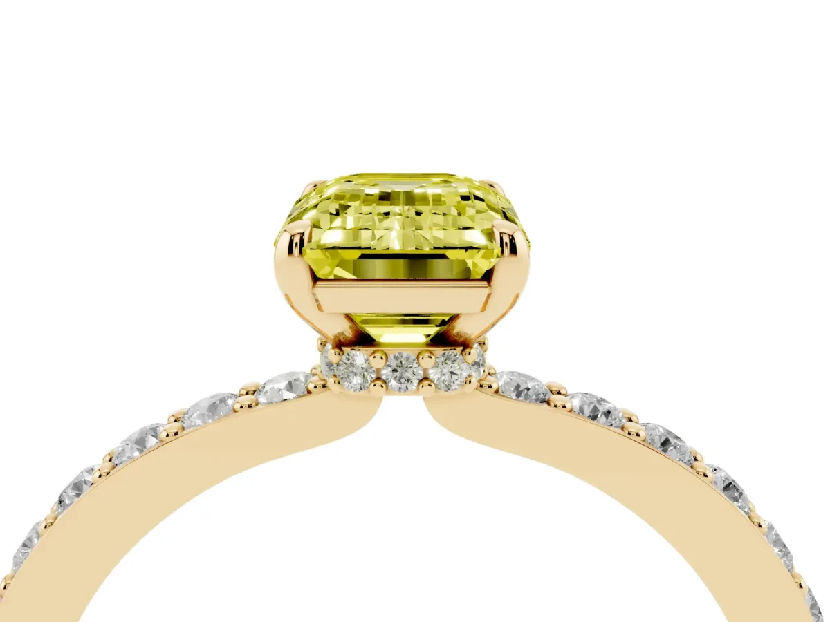 Fancy Yellow Emerald Cut Diamond Pavé Engagement Ring with Round Accents and Prong Setting Yellow gold