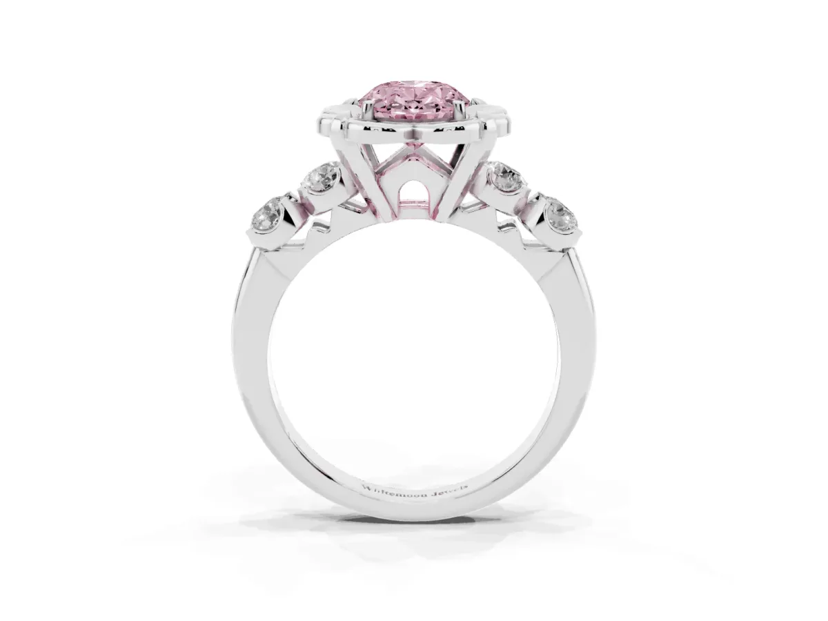 Fancy Pink Oval Cut Cut Diamond Floral Halo Engagement Ring with Shared Prong Setting Silver