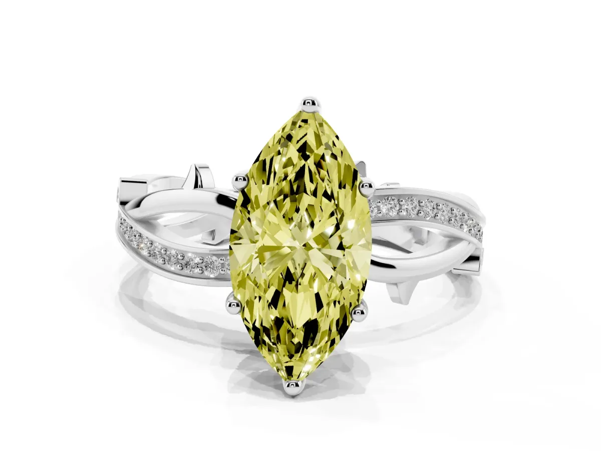 Fancy Yellow Marquise Cut Solitaire Twist Band with Pavé Accents and Four-Prong Setting Silver