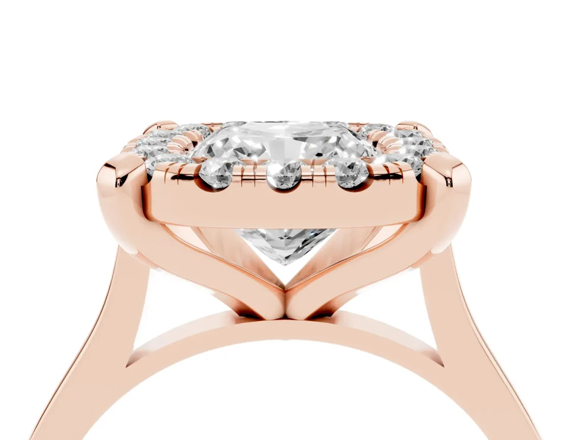 Cushion Cut Diamond Cluster Halo Solitaire with Four-Prong Setting Rose gold