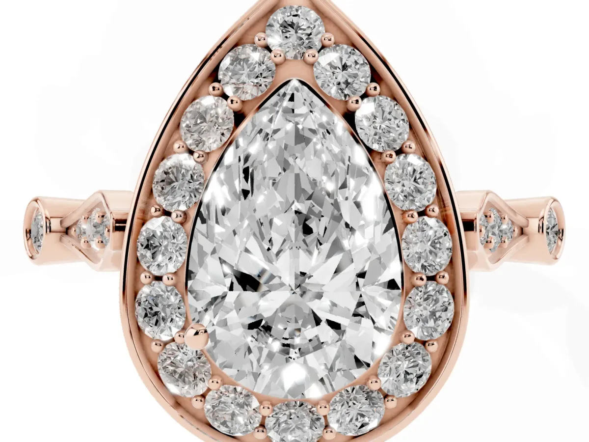 Pear Cut Halo Diamond Engagement Ring with Twisted Band and Four-Prong Setting Rose gold