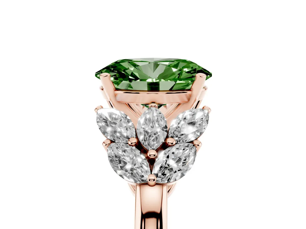 Fancy Green Oval Cut Diamond Cluster Leaf Design Ring with Prong Setting Rose gold