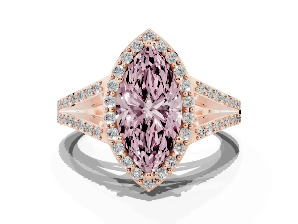 Fancy Pink Marquise Cut Halo Split Shank Pave Diamond Ring with Four-Prong Setting Rose gold