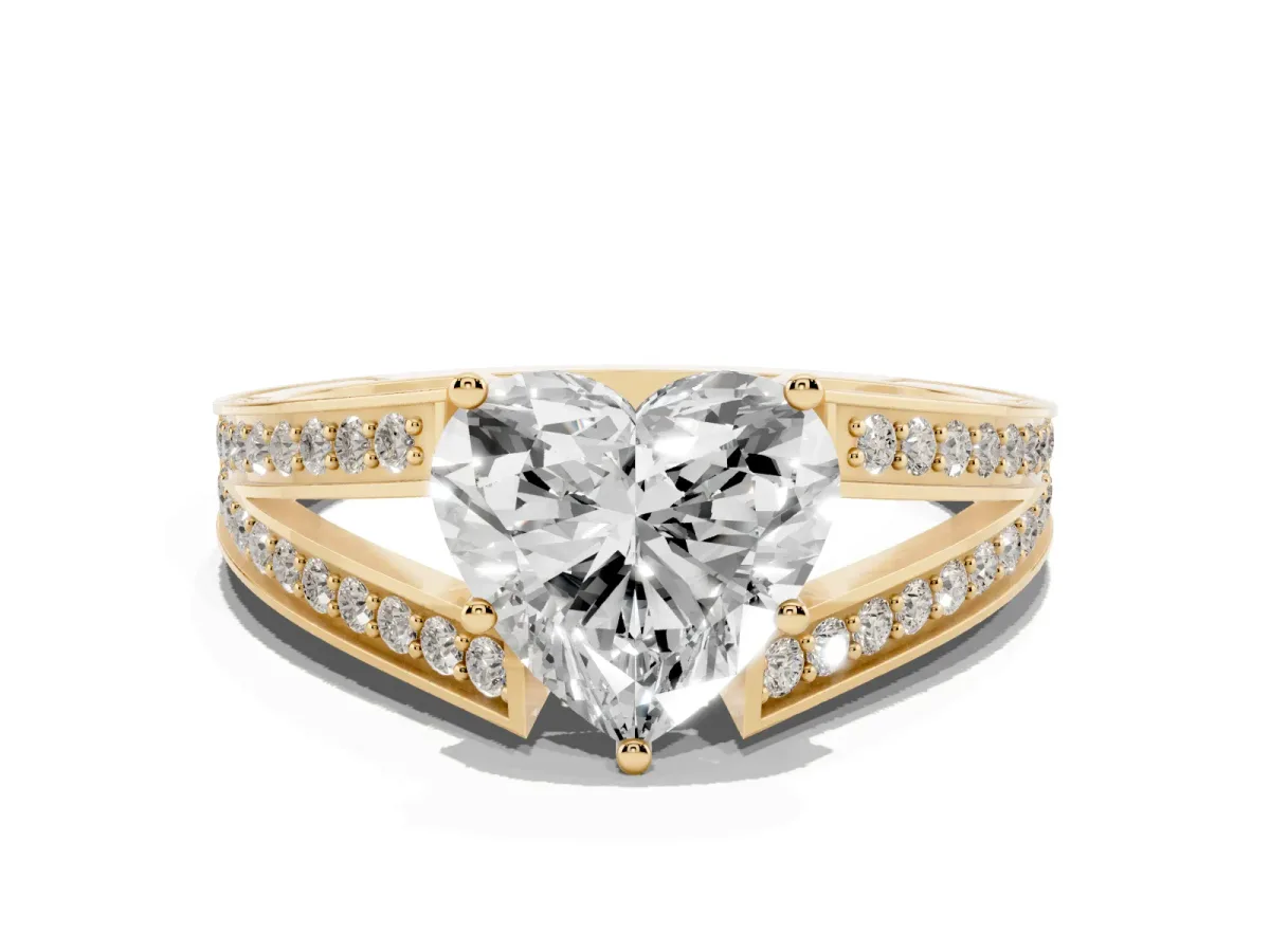 Heart Cut Diamond Split Shank Ring with Pavé Band and Four-Prong Setting Yellow gold