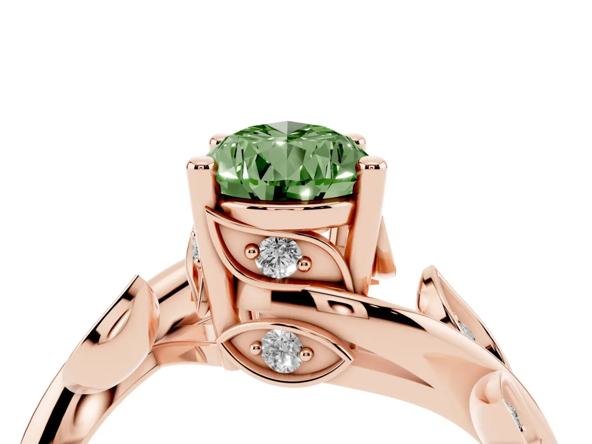 Fancy Green Pear Cut Solitaire Twist Engagement Ring with Leaf Accents and Prong Setting Rose gold