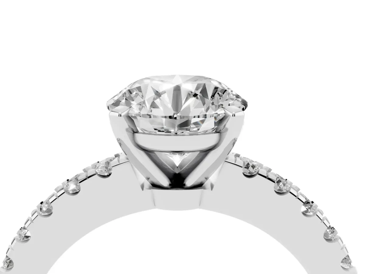 Round Cut Solitaire Diamond with Pavé Band and Four-Prong Setting Silver