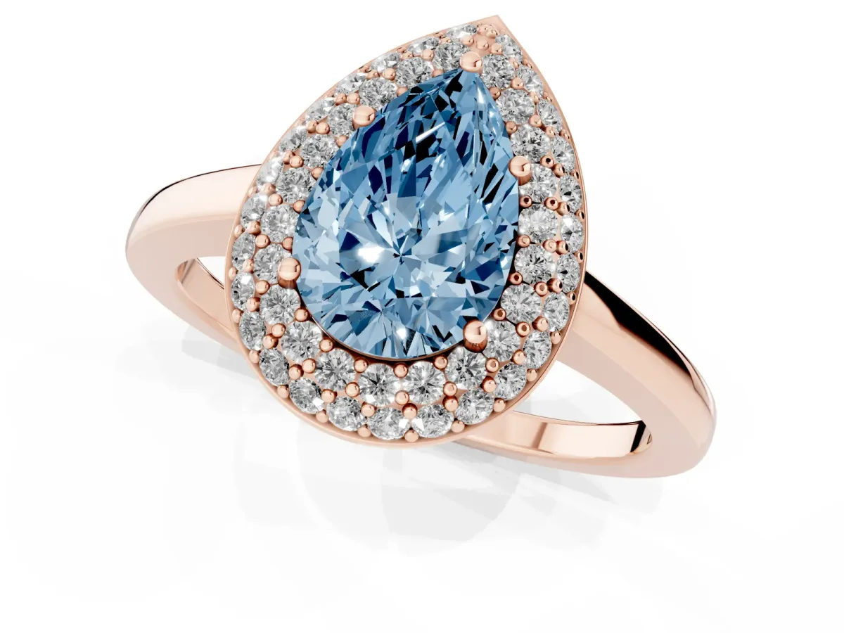 Fancy Blue Pear Cut Halo Diamond Engagement Ring with Solitaire Band and Four-Prong Setting Rose gold