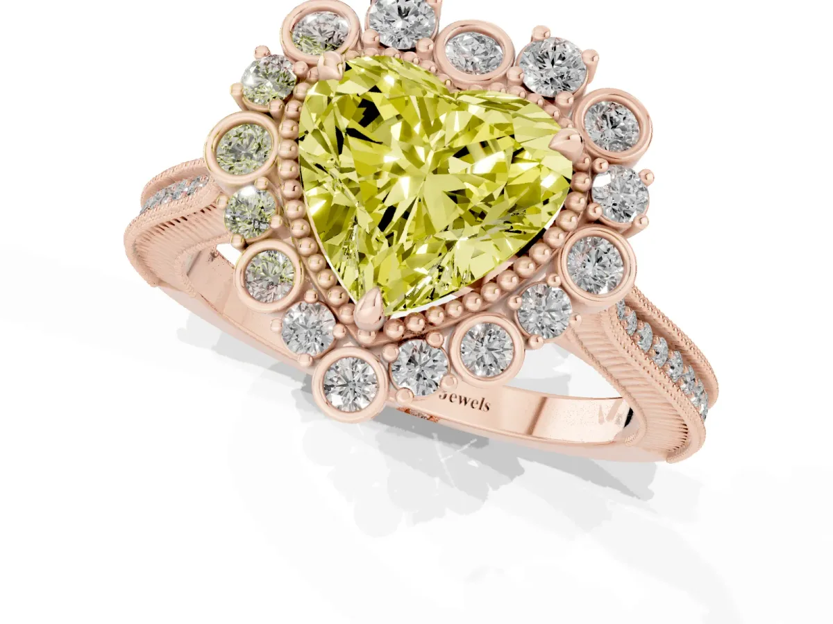 Fancy Yellow Heart Cut Halo Milgrain Pave Diamond Ring with Four-Prong Setting Rose gold