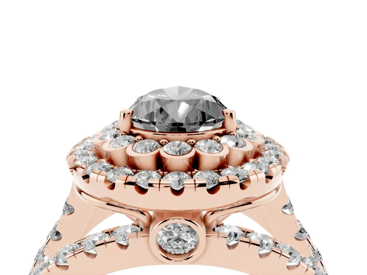 Fancy Black Pear Cut Diamond Double Halo Ring with Round Pavé Split Shank and Prong Setting Rose gold