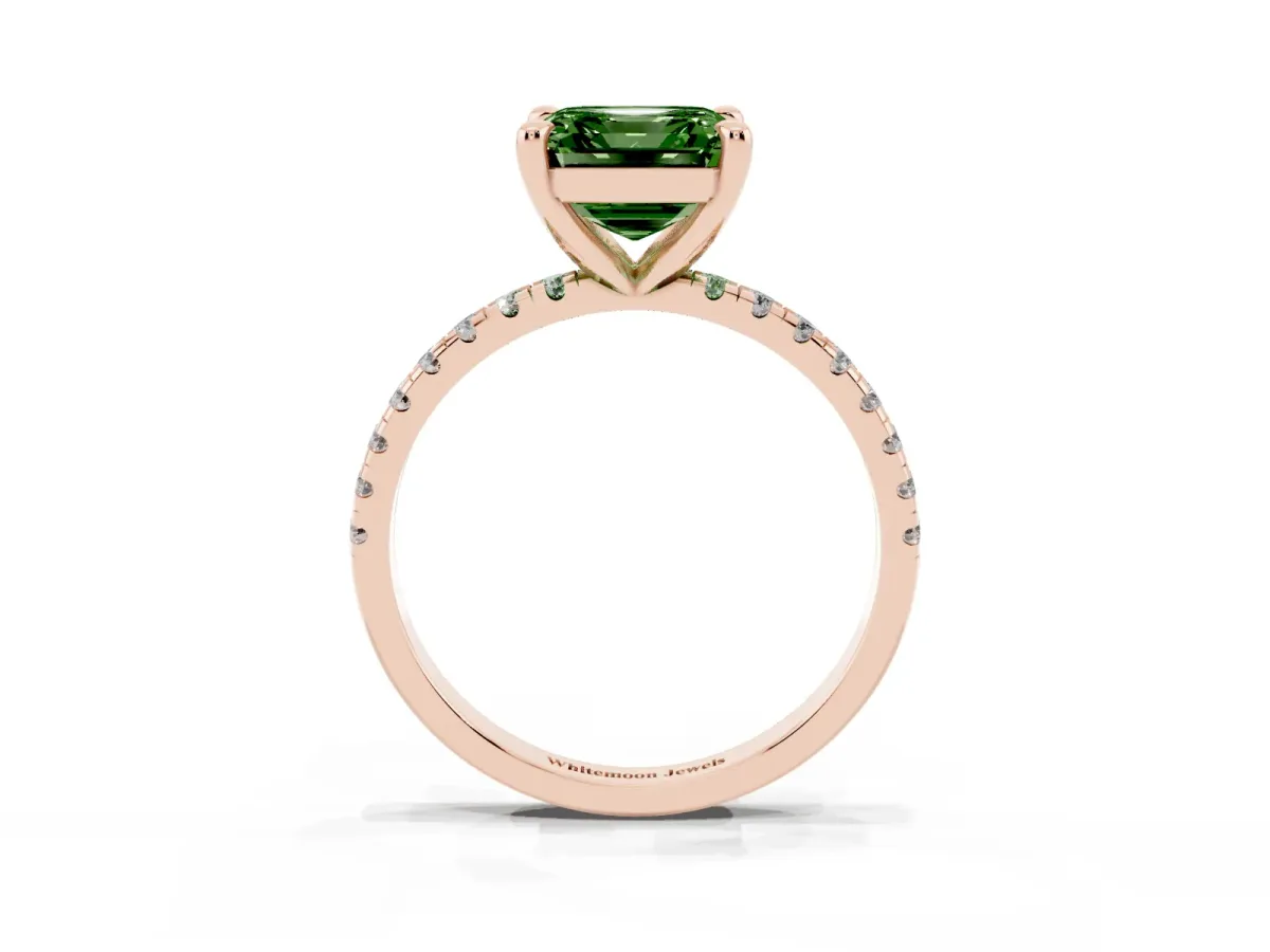 Fancy Green Asscher Cut Diamond Brilliant Solitaire Ring with Pavé Band and Four-Prong Setting Rose gold