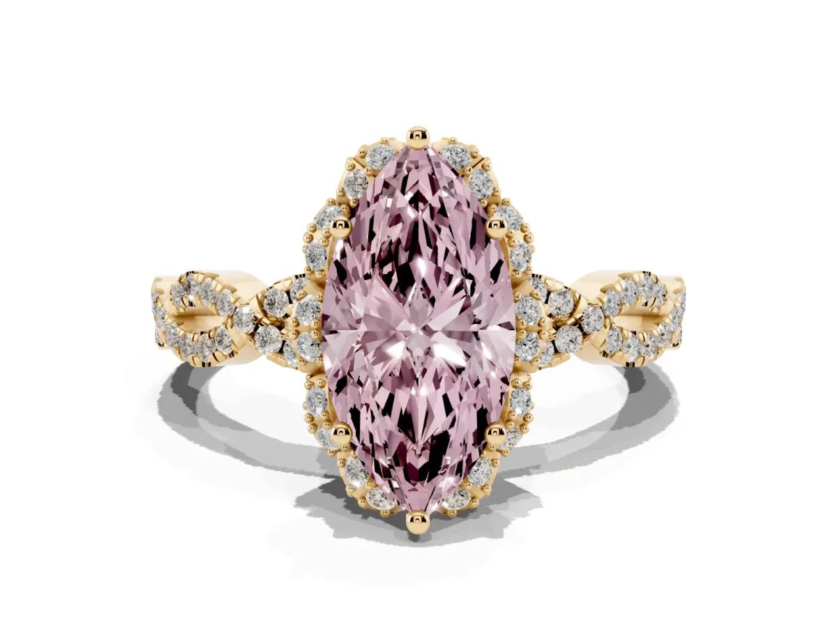 Fancy Pink Marquise Cut Halo Twist Band Solitaire Ring with Six-Prong Setting Yellow gold