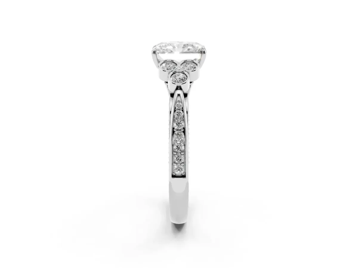 Radiant Cut Cut Diamond Engagement Ring with Bezel Set Round Side Stones and Prong Setting Silver