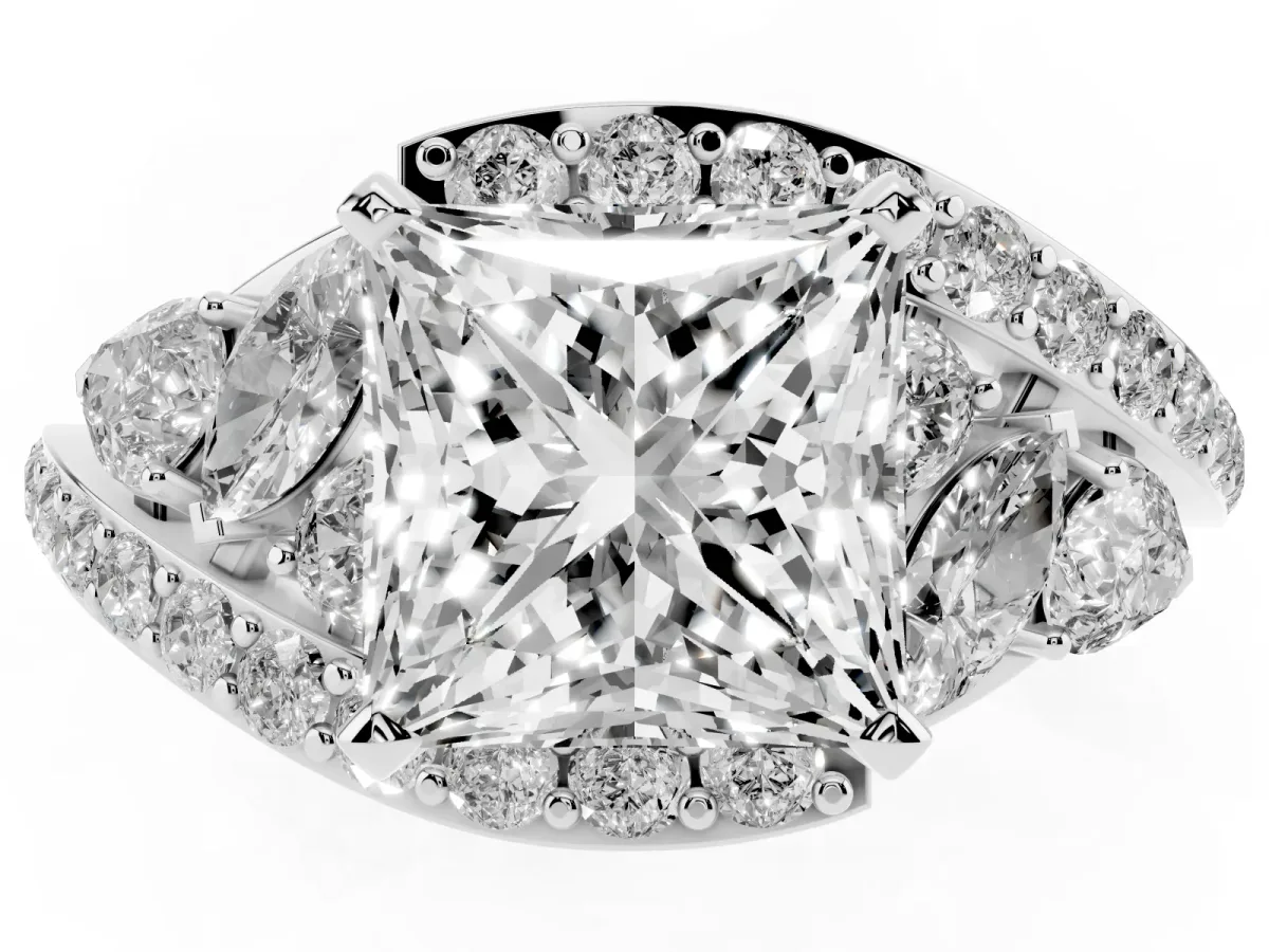 Princess Cut Diamond Halo Ring with Marquise and Pavé Band in Prong Setting White gold