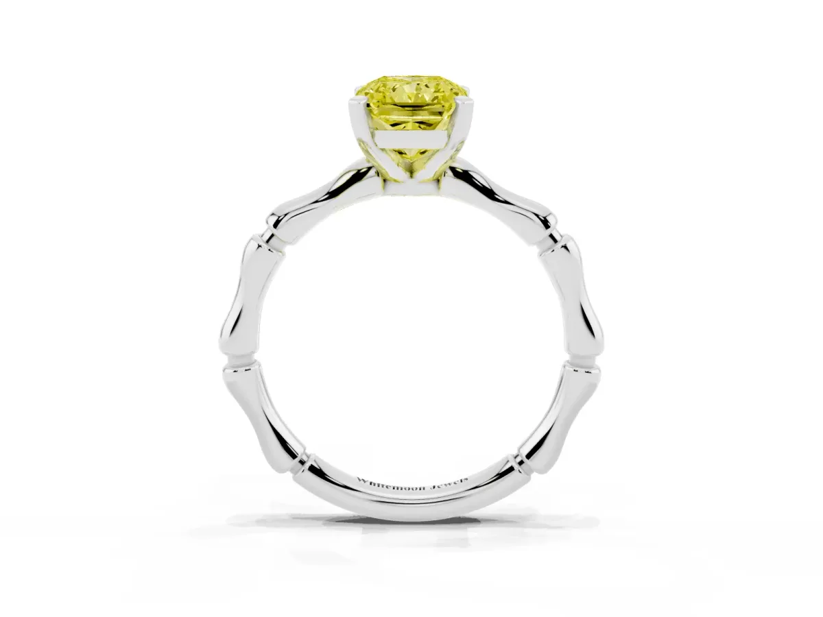 Fancy Yellow Radiant Cut Solitaire Diamond Ring with Bamboo Band and Four-Prong Setting Silver