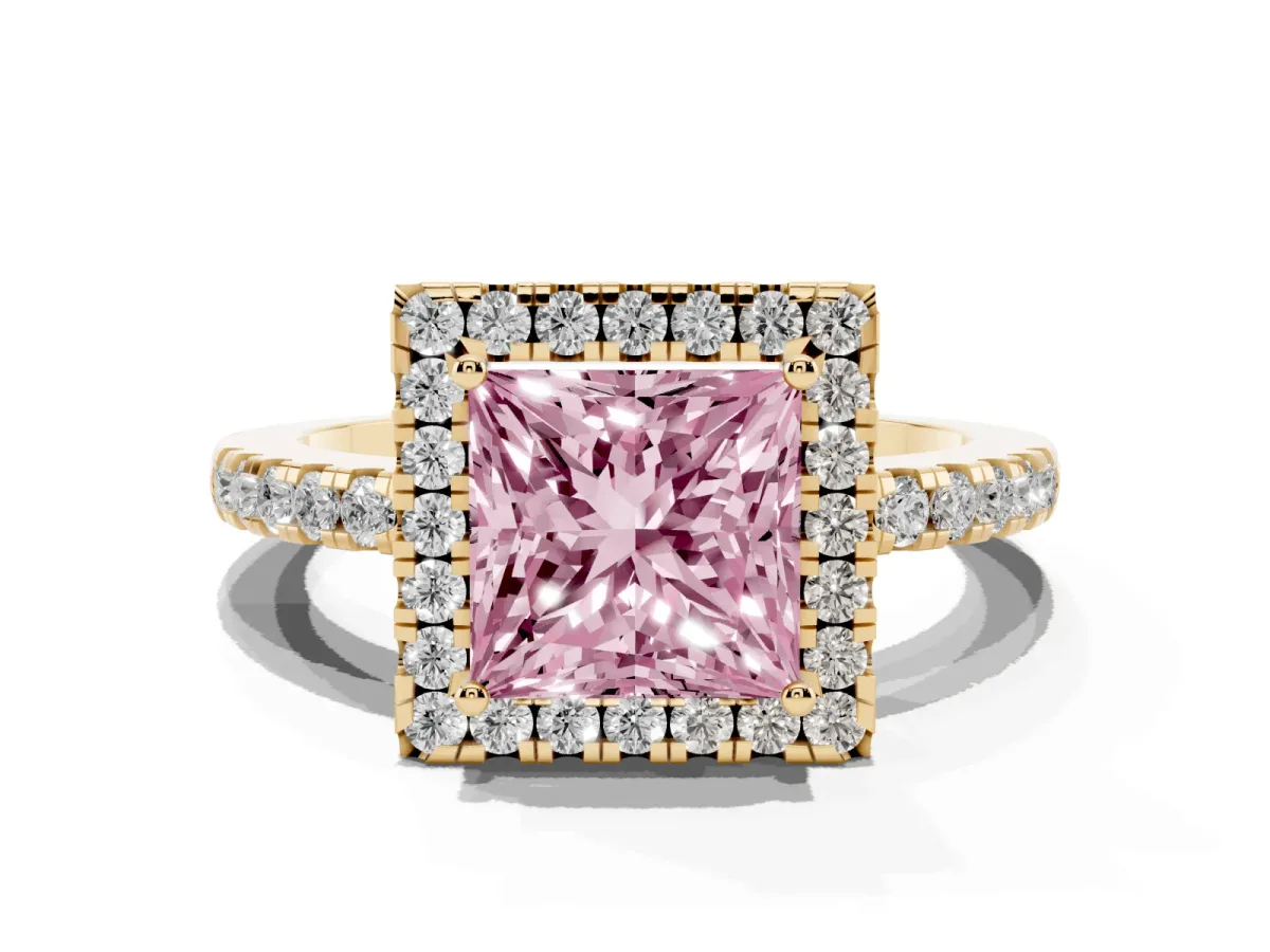 Fancy Pink Princess Cut Halo Diamond Engagement Ring with Pavé Band and Four-Prong Setting Yellow gold