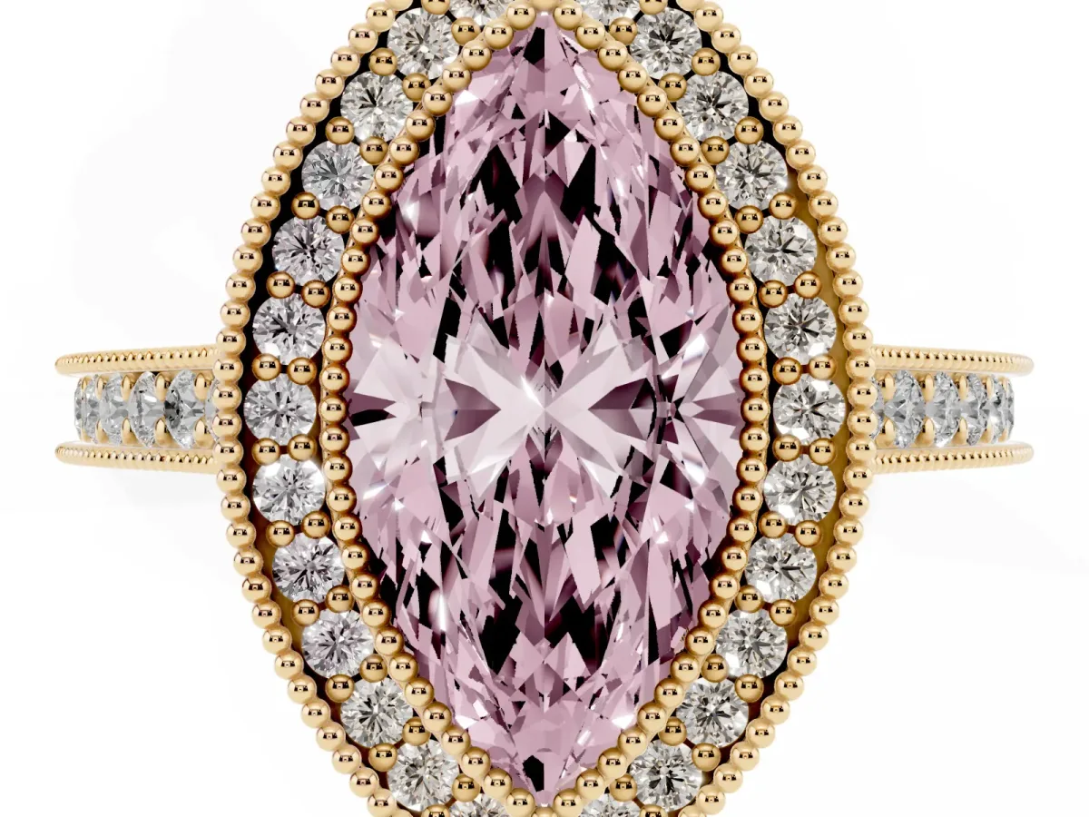 Fancy Pink Halo Marquise Cut-Cut Diamond Pave Band Milgrain Prong Setting Ring Yellow gold