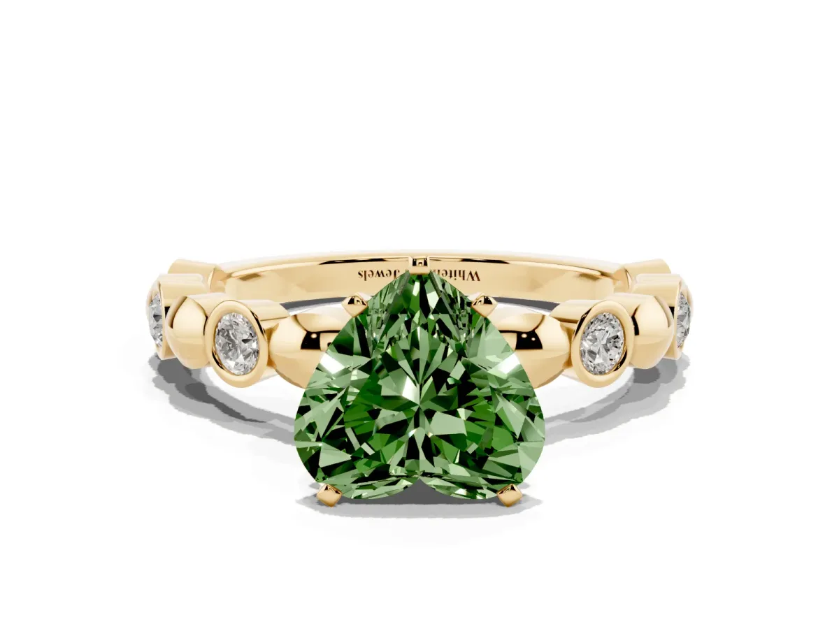 Fancy Green Heart Cut Solitaire Bezel-Set Diamond Ring with Beaded Band and Four-Prong Setting Yellow gold