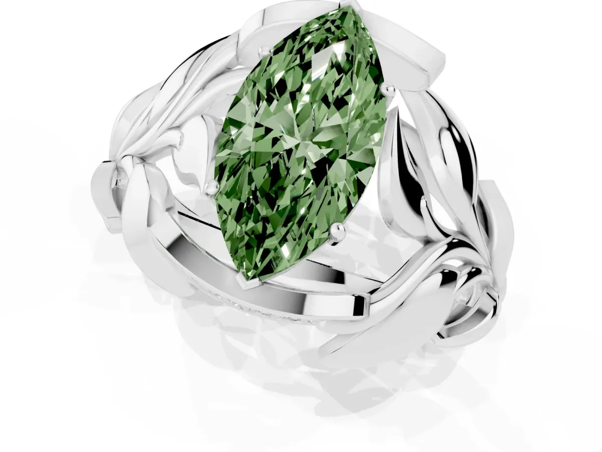Fancy Green Marquise Cut Diamond Leaf-Inspired Engagement Ring with Round Accents and Prong Setting White gold