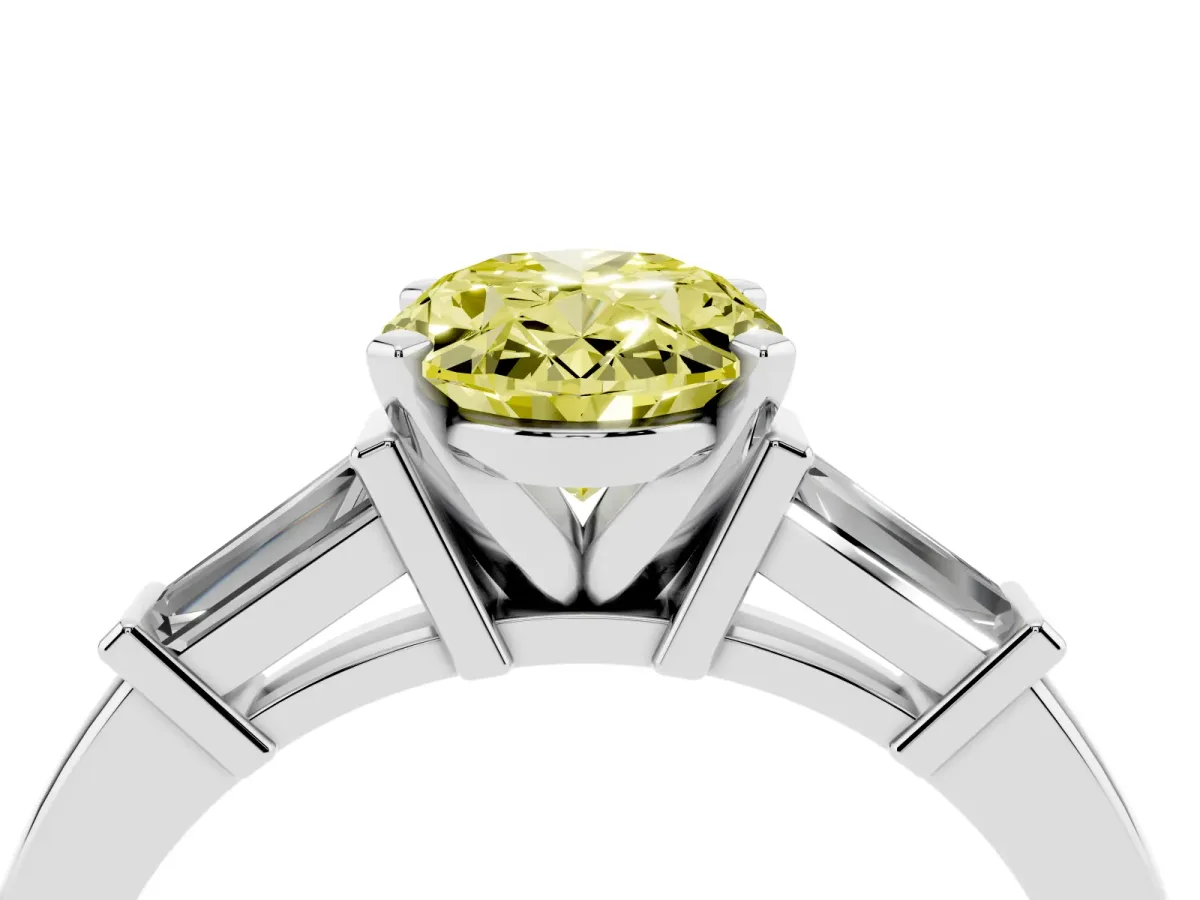 Fancy Yellow Oval Cut Cut Diamond Solitaire Ring with Tapered Baguette Accents and Four-Prong Setting Platinum
