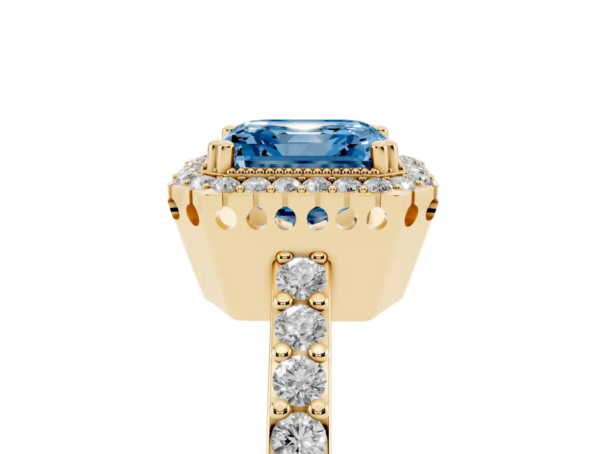 Fancy Blue Asscher Cut Cut Diamond Halo Engagement Ring with Milgrain Detail and Pavé Band Yellow gold