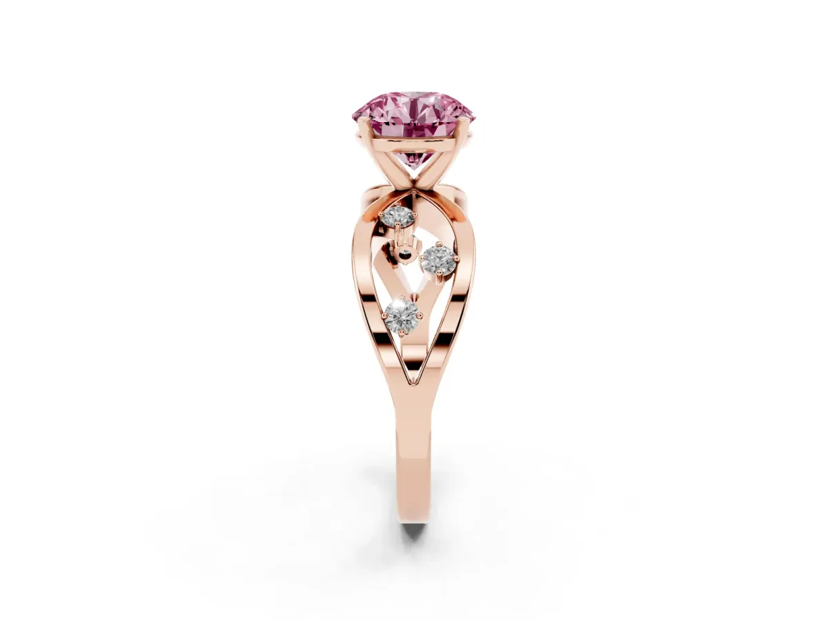 Fancy Pink Round Cut Cut Solitaire Diamond with Side Stones on Criss-Cross Band and Four-Prong Setting Rose gold