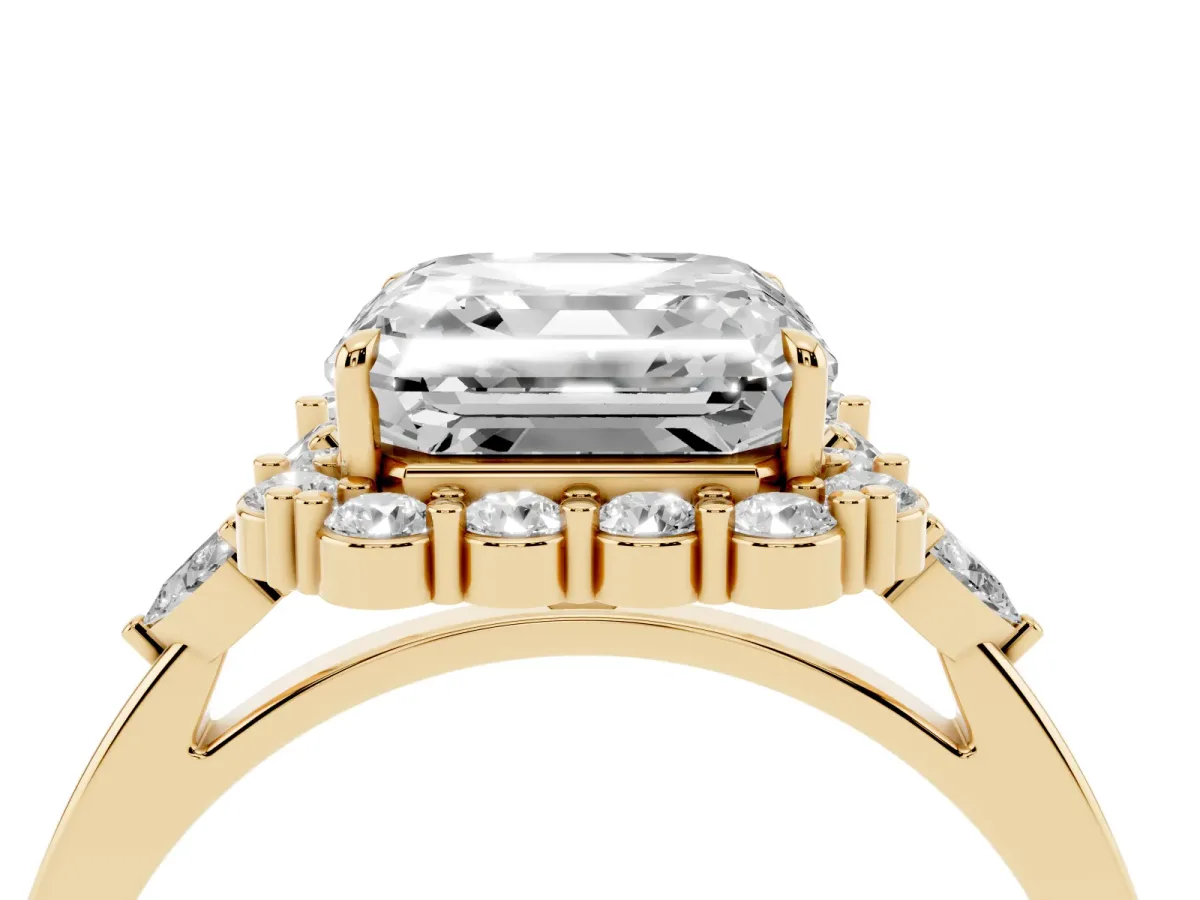Asscher Cut Diamond Halo Ring with Pear Side Stones and Prong Setting Yellow gold