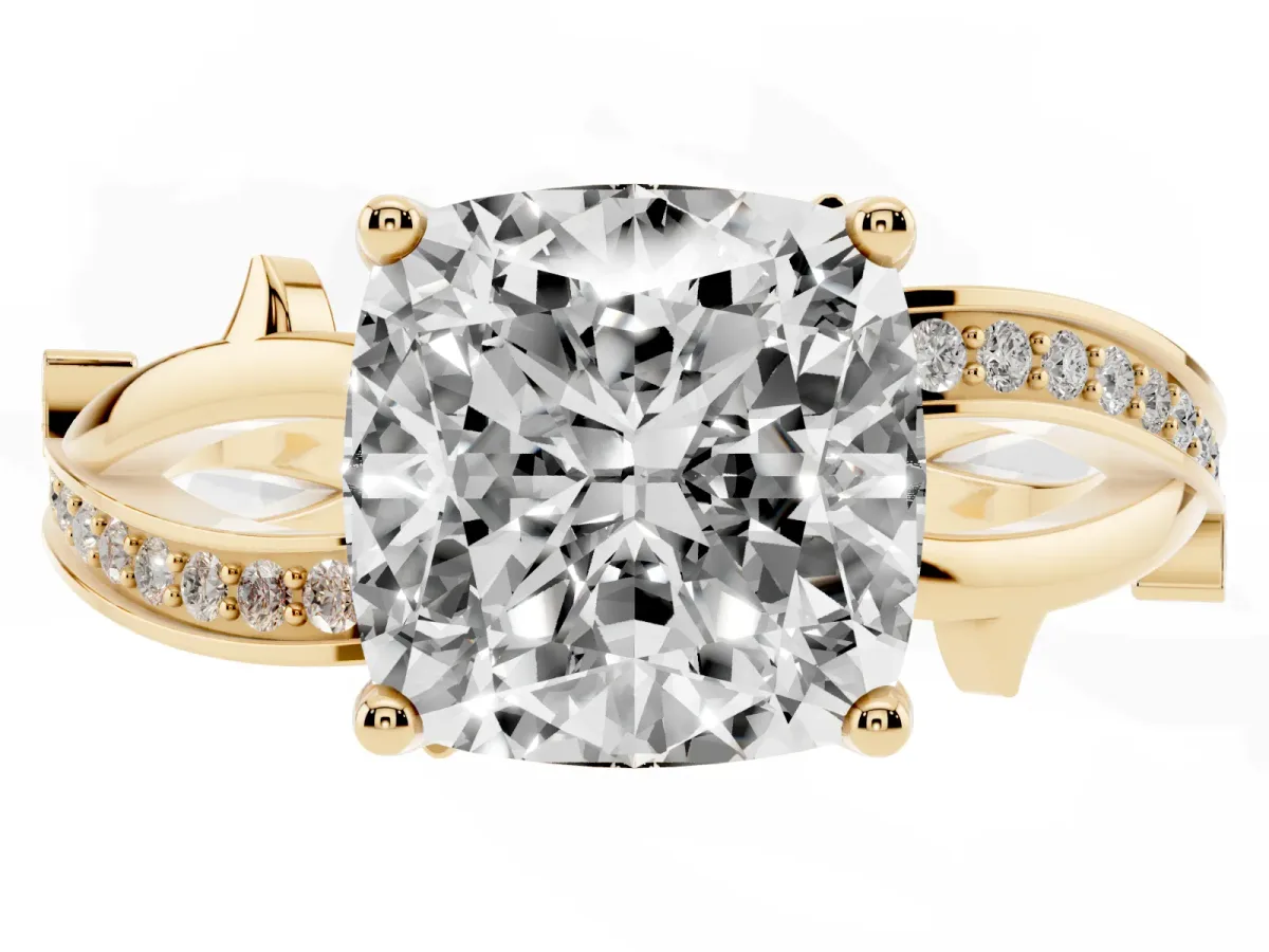 Cushion Cut Solitaire Twist Band with Pavé Accents and Four-Prong Setting Yellow gold