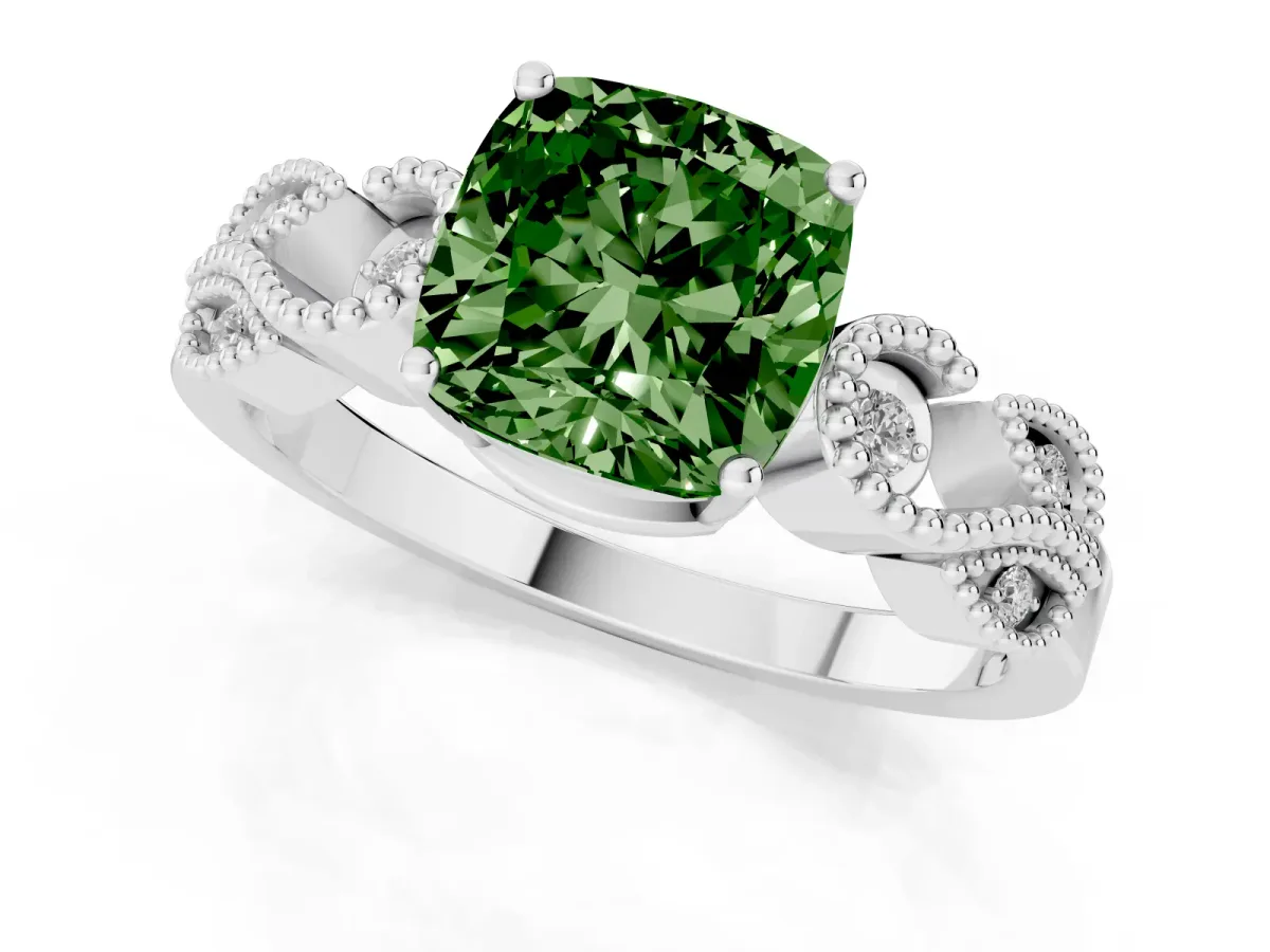 Fancy Green Cushion Cut Solitaire Milgrain Leaf Band with Prong Setting Silver