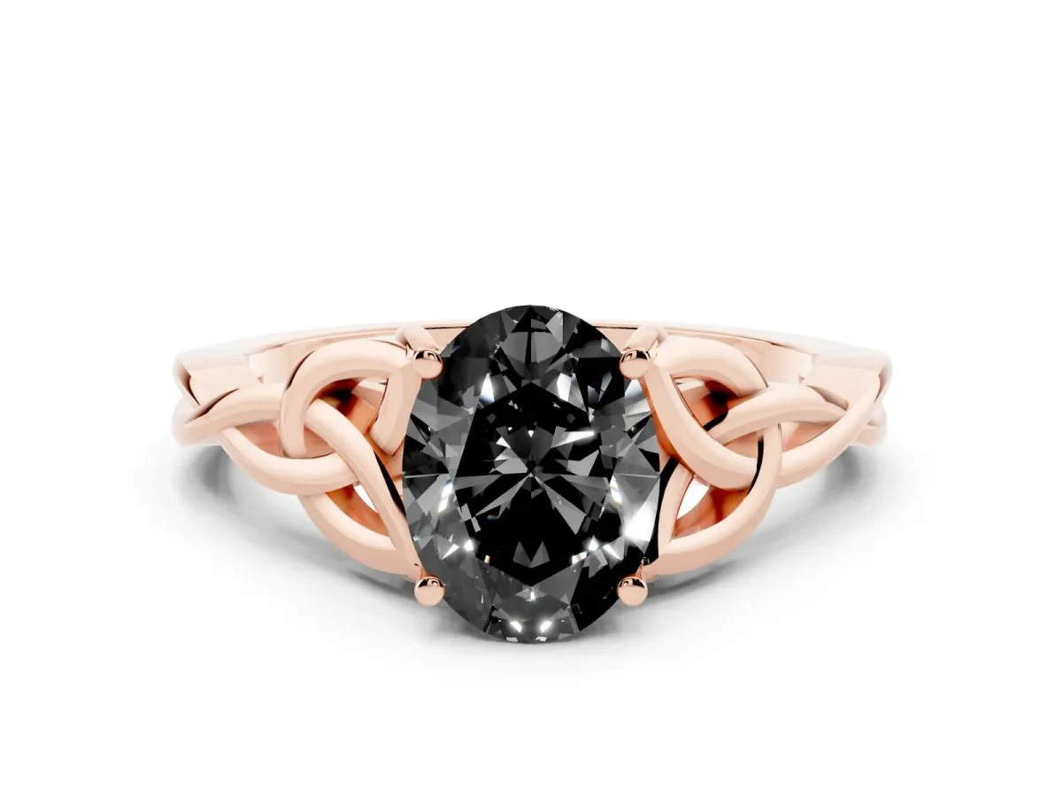 Fancy Black Oval Cut Diamond Solitaire Engagement Ring with Celtic Knot Band and Four-Prong Setting Rose gold