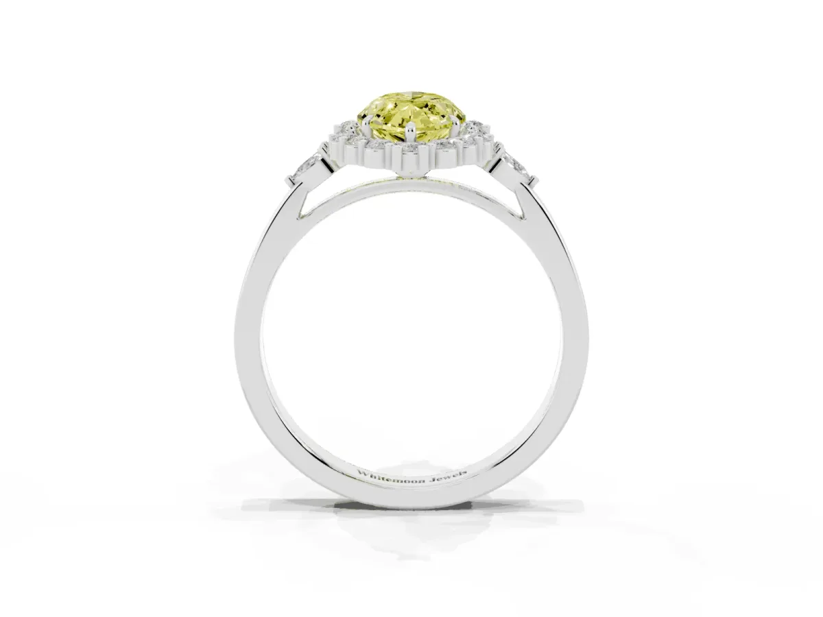 Fancy Yellow Marquise Cut Diamond Halo Ring with Pear Side Stones and Prong Setting Platinum
