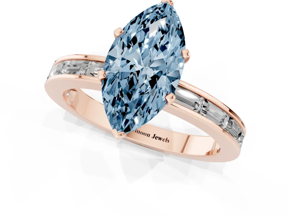 Fancy Blue Marquise Cut Solitaire Diamond Ring with Channel-Set Baguette Band and Four-Prong Setting Rose gold