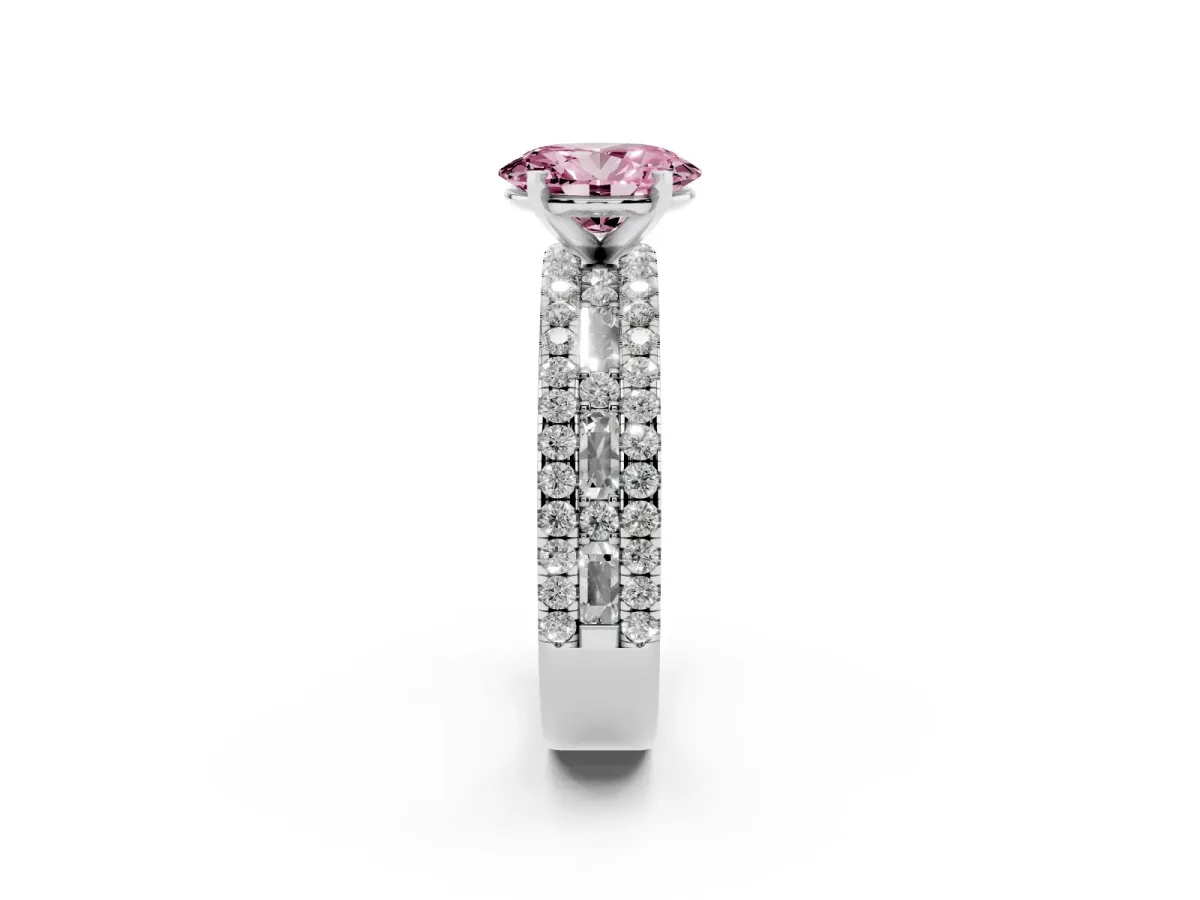 Fancy Pink Oval Cut Diamond Solitaire Ring with Pavé and Channel Set Band Silver