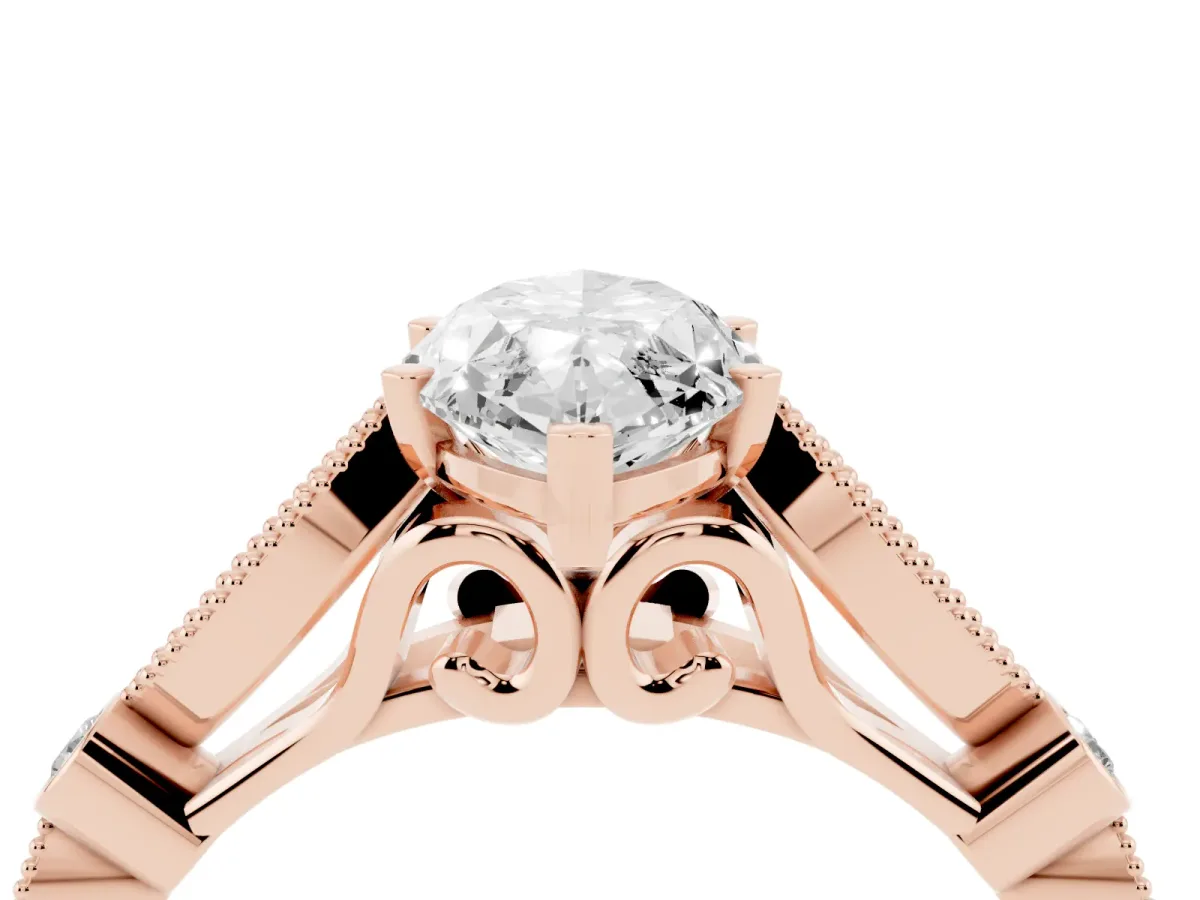 Marquise Cut Cut Diamond with Milgrain Marquise and Bezel Accents on a Solitaire Band with Prong Setting Rose gold