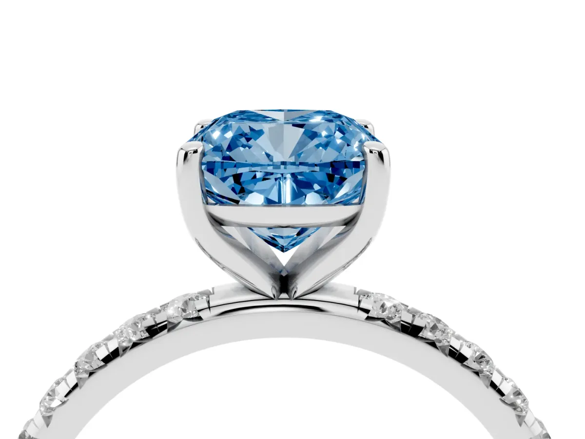 Fancy Blue Cushion Cut Cut Diamond Solitaire Ring with Micro Pave Band and Four Prong Setting Silver