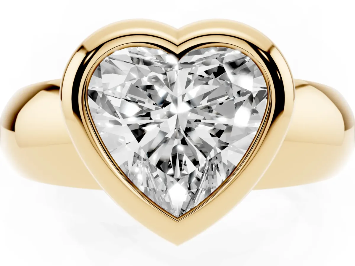 Bezel Set Heart Cut Solitaire Ring with Wide Band Yellow gold