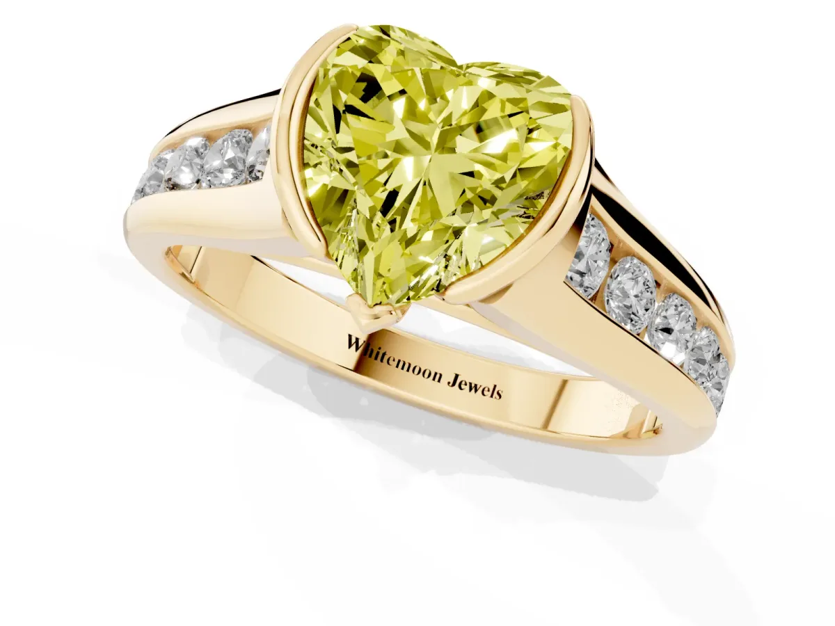 Fancy Yellow Heart Cut Solitaire Bezel-Set Diamond Ring with Channel-Set Band Yellow gold