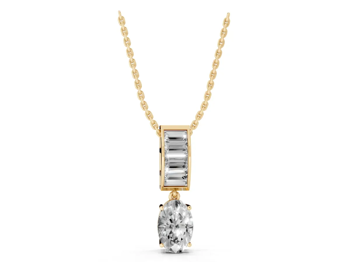 Oval and Baguette Diamond Drop Pendant Yellow gold