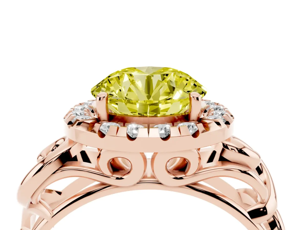 Fancy Yellow Round Cut Cut Halo Diamond Ring with Scrollwork Band and Four-Prong Setting Rose gold