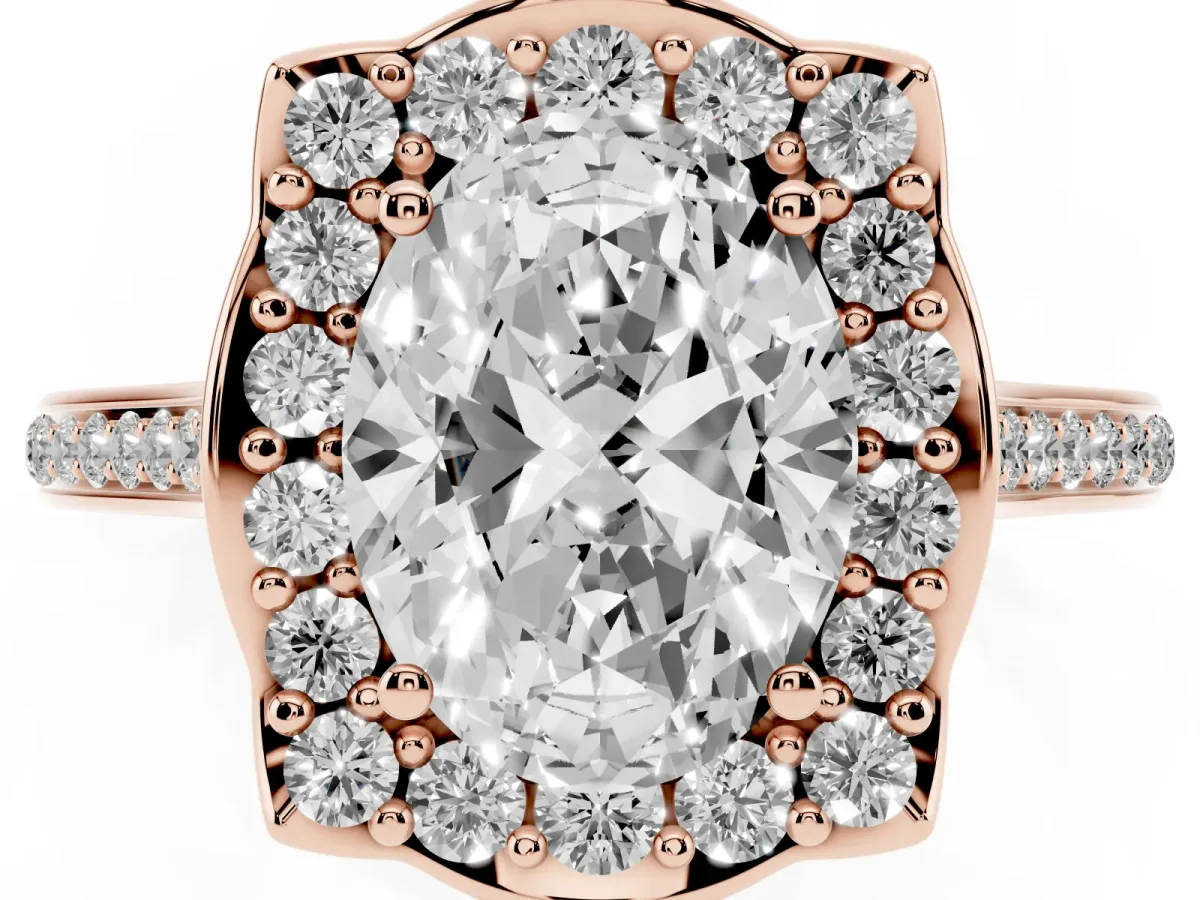 Oval Cut Halo Round Diamond Pave Band with Four-Prong Setting Rose gold
