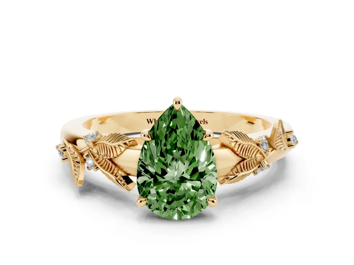 Fancy Green Pear Cut Diamond Solitaire Ring with Leaf Motif Band and Four-Prong Setting Yellow gold